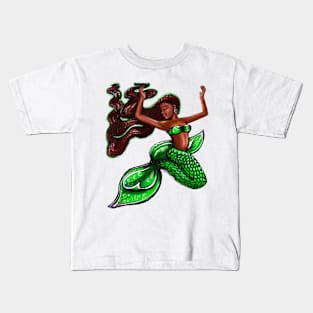 Black mermaid with rainbow fins, red locs Afro hair and brown skin. African American Mermaids Kids T-Shirt